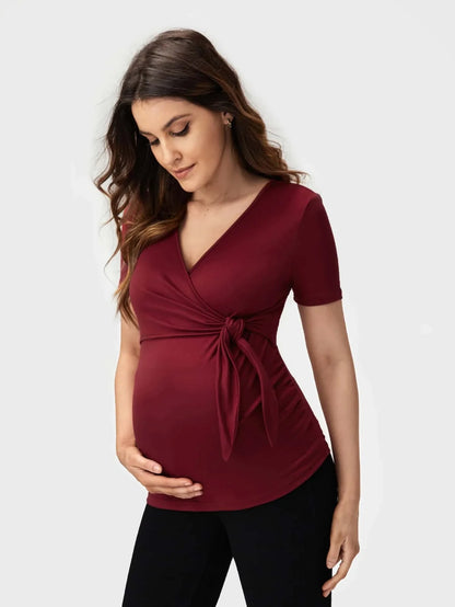 Pregnant women's pleated side care T-shirt cross casual bottom shirt short sleeved top