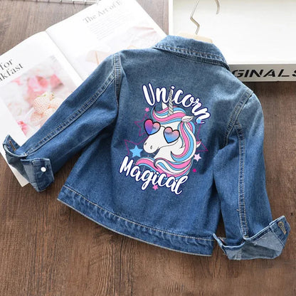 Autumn and winter Boys and Girls New Unicorn Excavator Cartoon Cute Print Polo Collar Long Sleeved Denim Coat for 2-10 Years