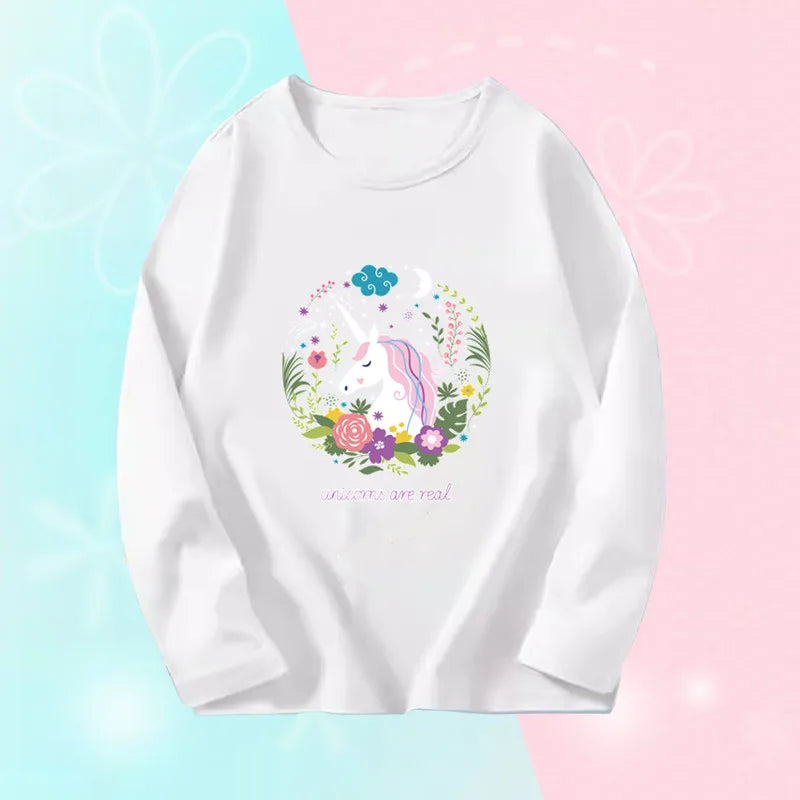 3~14 Years Girl Long Sleeve T-Shirts Cute Sweet Girl Tee Tops Cute Cat Graphic O-Neck Top Little Girl Casual T-Shirts