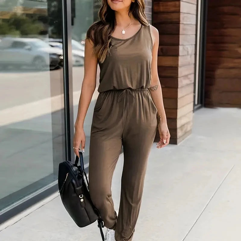 Summer Women's Sleeveless Drawstring Jumpsuit Versatile and Casual Solid Jumpsuit Solid Women Casual Streetwear