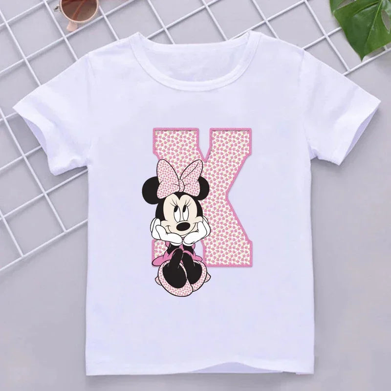 Minnie Children Cotton T-Shirts Letter A-Z Name Combination Disney Kawaii Cartoons Clothes Kids Little Boy Girl Tee Casual Tops