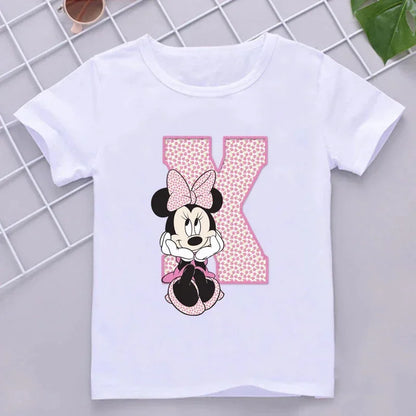 Minnie Children Cotton T-Shirts Letter A-Z Name Combination Disney Kawaii Cartoons Clothes Kids Little Boy Girl Tee Casual Tops