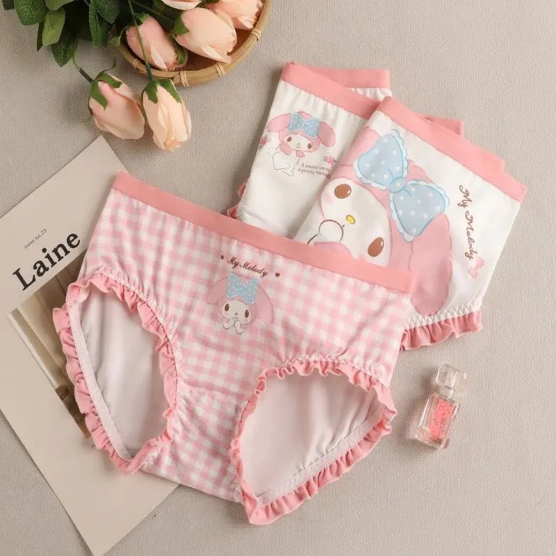 3Pcs/set Kawaii Kuromi Underwear Anime Sanrio Cinnamoroll My Melody Cute Girl Pure Cotton Antibacterial Lace Underpants Briefs