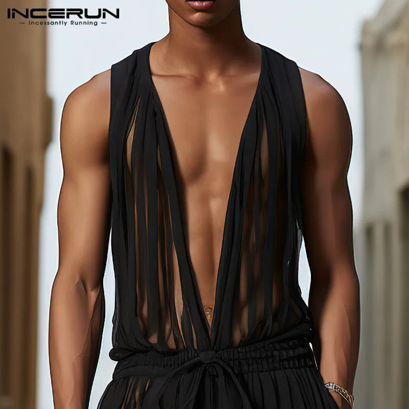 INCERUN 2024 American Style Jumpsuits Mens Striped Perspective Design Rompers Stylish Streetwear Hot Sale Deep V Jumpsuits S-5XL