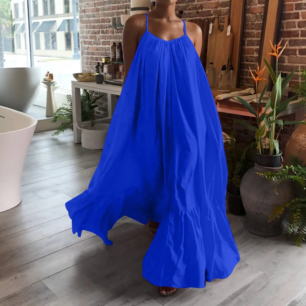 Bohemian Beach Sundress Sexy Sleeveless Backless Big Swing Maxi Long Dress Strapless Ruffles Midi Dresses Vacation Vestidos