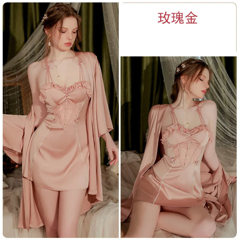 Silk Nightgown Set Women 2pcs Robe Suit Sleepwear Sexy Nightwear Sleep Kimono Gown Lace Hollow Out Nightdress