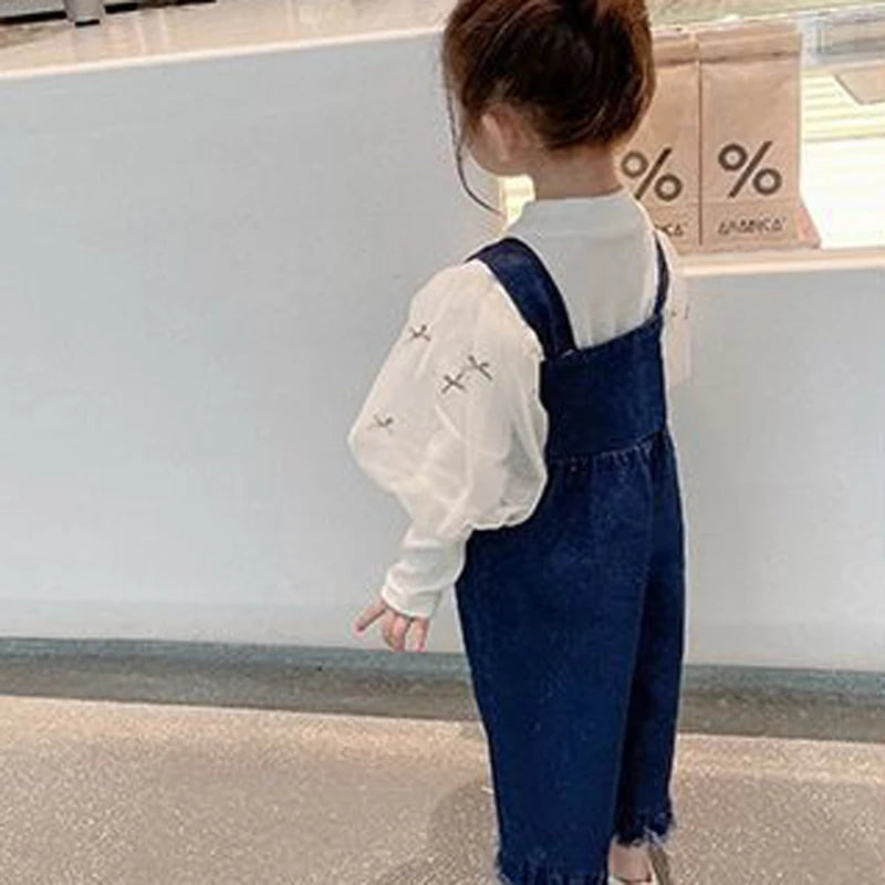 2024 Girls' Denim Overalls Autumn Clothing New Trousers Girls Fashion Kids Outfit Girls Baby Spring Clothes Wide Leg Pants