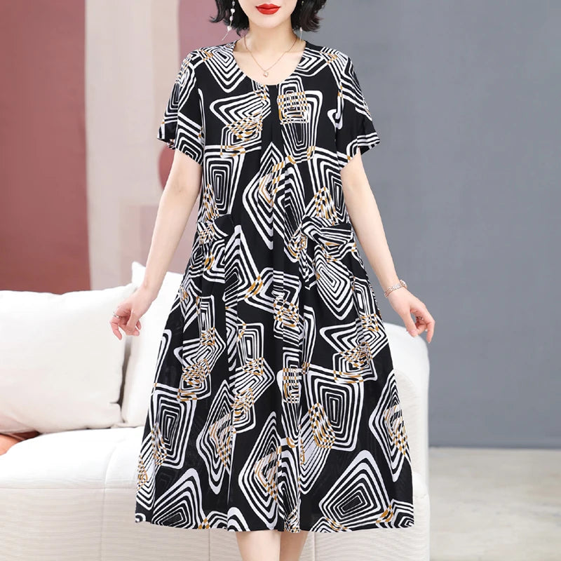 Summer Dresses O-neck Print Long Dress Short Sleeve Women Long Dresses Bohemian cotton style Loose Dresses Women Clothing