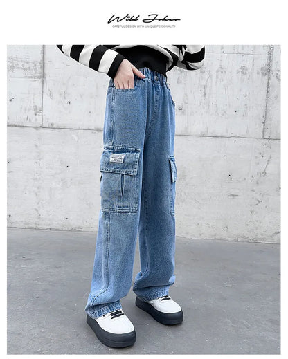 Teenager Girls Wide Leg Cargo Jeans School Young Children Trousers Spring Autumn New Fashion Kids Denim Pants 6 8 10 12 14 Years