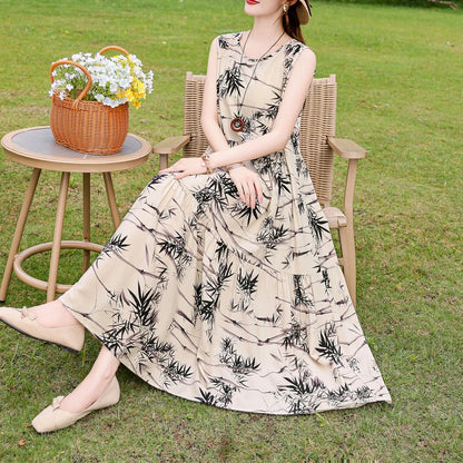 New Fashion Boho Long Dress for Women O-Neck Sleeveless Print Large Beach Long Dress Elegant Women's Dress 2024