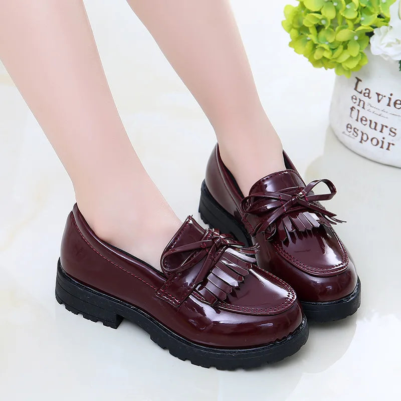 New Girls Leather Shoes Casual Princess Bow-knot Low-top Slip-on Soft Bottom Loafers For Girls Kids Children Spring Autumn