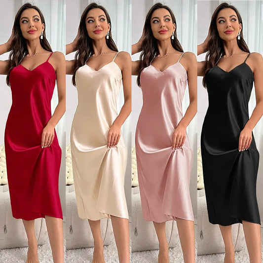 New Sexy Solid Color Long Nightdress Women's Pajamas Ice Silk Sexy Seductive Silk Stain Halter Pajamas Fashion Home Wear