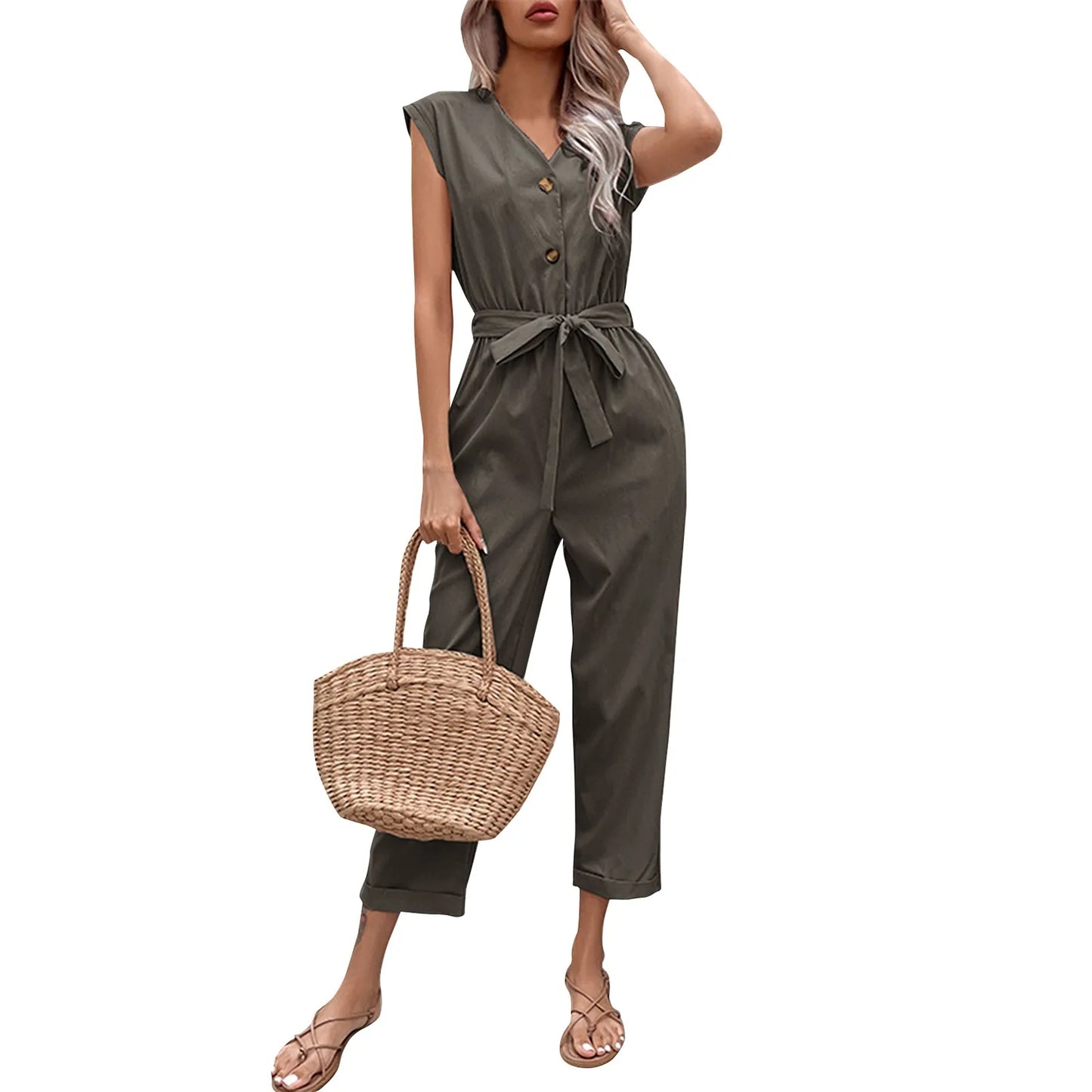 Summer Fashion Short Sleeve Jumpsuit Women Loose Cropped Pants Jumpsuit Women's Solid Color Casual V-neck Jumpsuit vestidos para