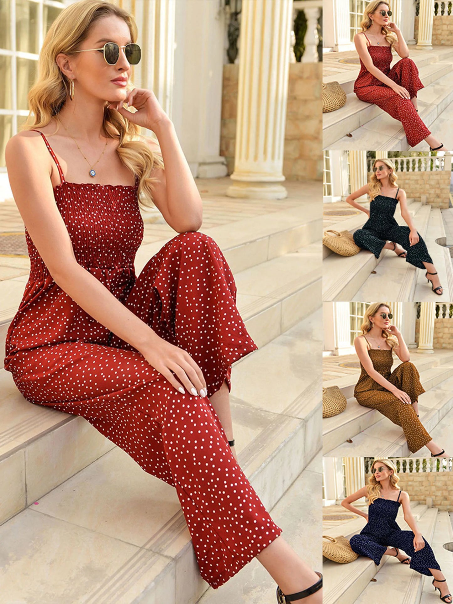 2024 Europe and the United States spring and summer new women's polka dot print wrap chest loose wide-leg one-piece trousers