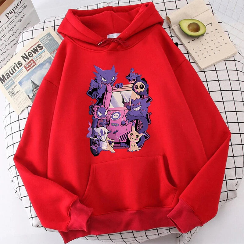 Pokémon Print Women's Plush Hoodie Red Sports Sweater Loose Top