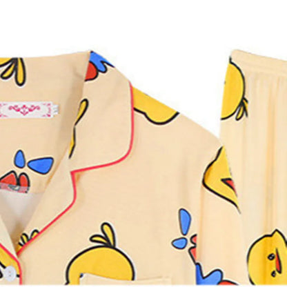 Long Sleeve Spring Simple Yellow Duck Ink Orchid Casual Stretch Peach Heart Cardigan Lapel Milk Silk Loose Home Women's pyjamas