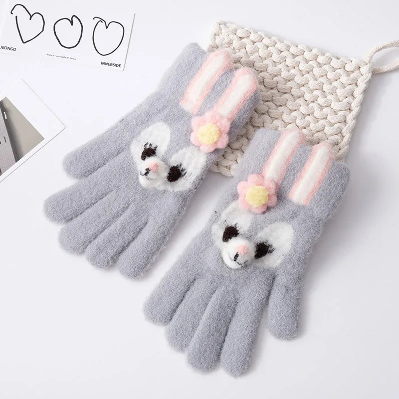 5-12 Years Winter Children Girl Gloves Knitted Warm Soft Cartoon Rabbit Full Finger Gloves Kids Outdoor Lovely Girl Mittens