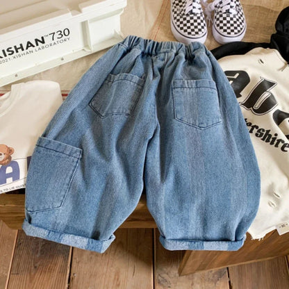 Autumn New Boys Korean Vertical Stripes Jeans 100% Cotton Casual Loose Children's Denim Pant Carrot Pants For Girls