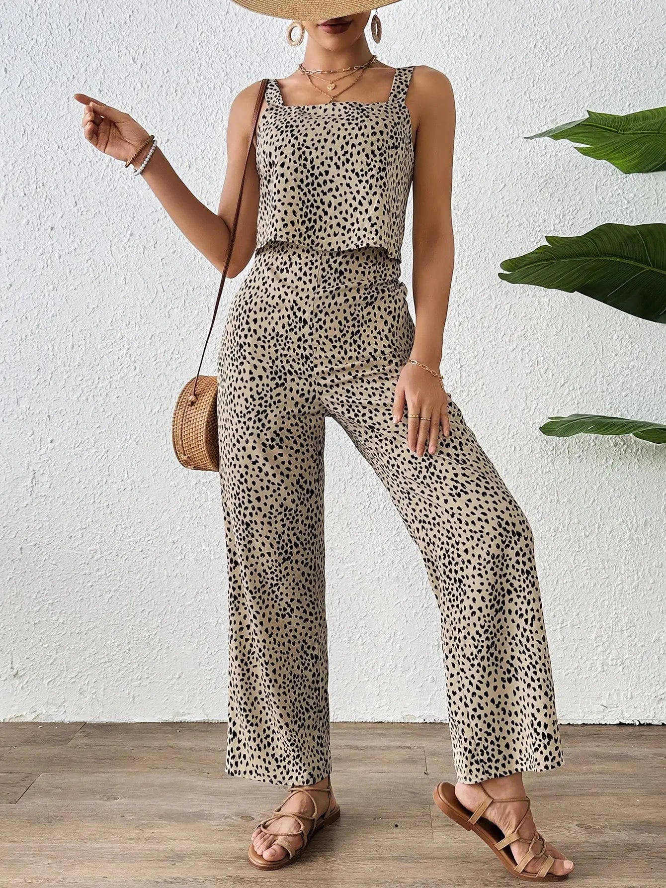 2024 New Fashion Design Women's jumpsuit double layered suspender+jumpsuit thick shoulder strap printed long casual style