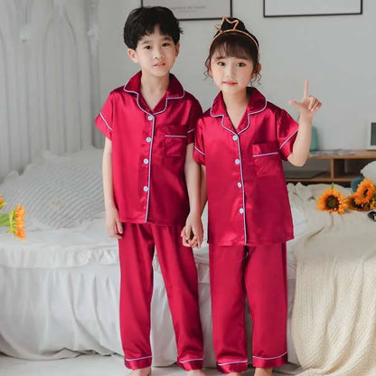 2pcs Boys Girls Pajamas Silk Pants Long Sleeve Solid Button-Down Pyjamas Satin Sets Nightgown Children Sleepwear Kids Loungewear