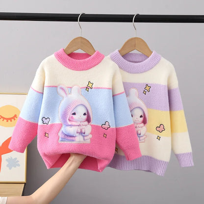 Children Sweaters Autumn Winter Girls Fluff Pullover Sweater Thickend Warm Girls' Cartoon Rabbit O-Neck Full Sleeve Knit Shirt