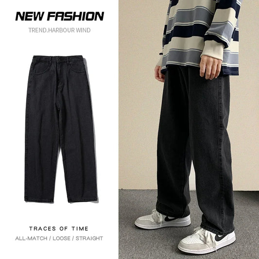 2024 New Streetwear Baggy Jeans Men Korean Fashion Loose Straight Wide Leg Pants Male Brand Clothing Black Light Blue