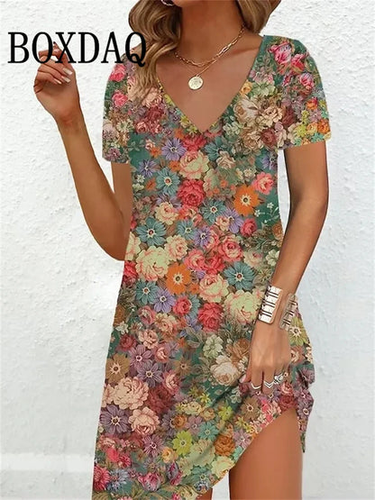 2023 Fashion Plus-Size Dress Casual Loose V-Neck Ladies Summer Print Party Women's New Summer Pullover Short Sleeve Dress