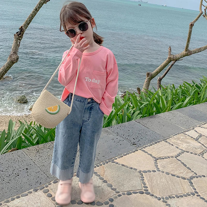 New Arrival Fashionable Girls' Straight Jeans with Wide Legs for Autumn and Spring Seasons - Kids Jeans