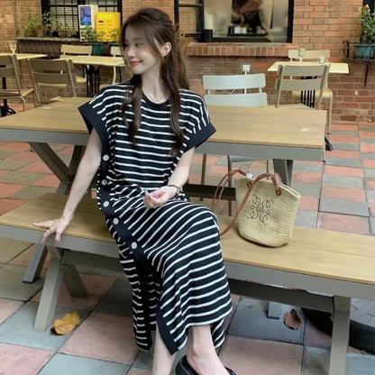 2024 New Casual Korean Striped O-neck Short Sleeve Long Dress Ladies Simplicity Patchwork Loose Tshirt Dress Women Clothing