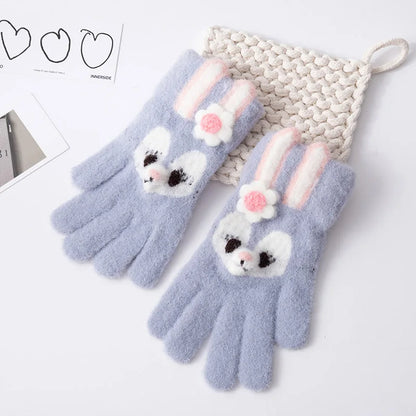 5-12 Years Winter Children Girl Gloves Knitted Warm Soft Cartoon Rabbit Full Finger Gloves Kids Outdoor Lovely Girl Mittens