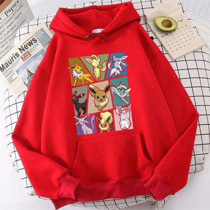 Pokémon Print Women's Plush Hoodie Red Sports Sweater Loose Top