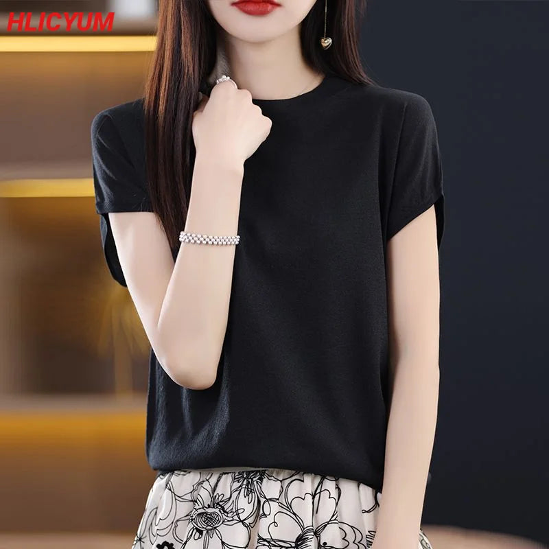 Women's T-shirt Summer New Solid Color Sweater Short Sleeve Casual Knit Round Neck Ladies Tops Blouse Overside Tees