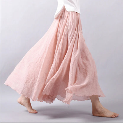 Women Linen Long Skirts Elastic Waist Pleated Maxi Skirts Beach Boho Vintage Summer Skirts Faldas Saia 14 Colors