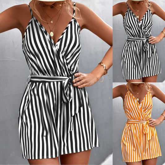 Summer Women Jumpsuits For Streetwear Sexy V Neck Feather Stripe Sleeveless Bandage Loose Shorts Belt Waist One Piece Outfit