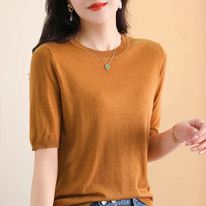 100% Merino Fine Wool Knitted Round Neck Short Sleeve Basic Versatile Women's Thin 2023 Summer Premium Special Top T-Shirt