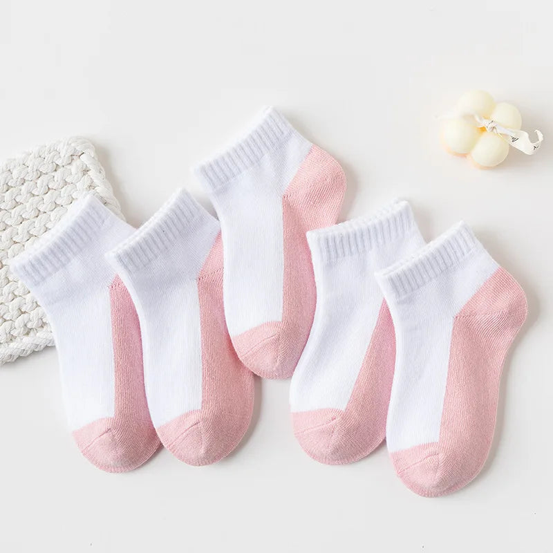 5 Pairs Spring Children Socks 100% Cotton Kids Fashion Black White Pink Student Baby Girl Boy Sports Short Socks For 1-12 Years