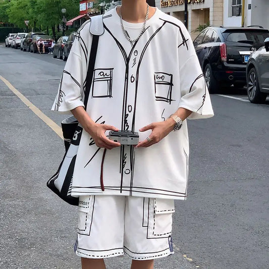 Summer Elegant Fashion Harajuku Slim Fit Ropa Hombre Loose Casual All Match Sports Suit Ice Shreds Short Sleeve Two Piece Set