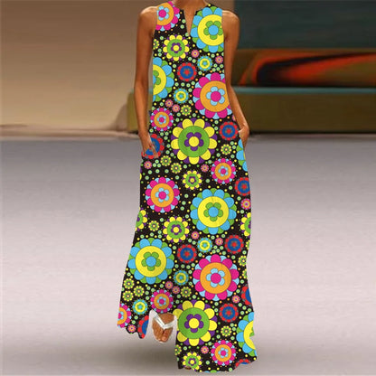 Fashion V-Neck Printed Sleeveless Women Maxi Dress Summer Casual Loose Straight Beach Long Dresses Ladies Sundress Lady Vestidos