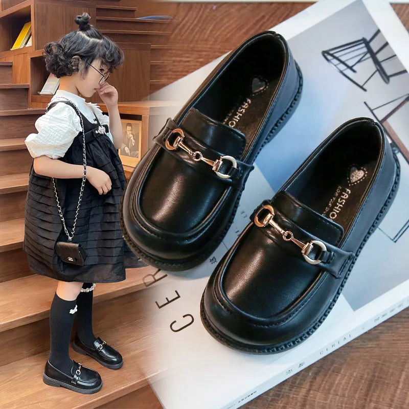 2024 Spring New Girls British Boys Leather Shoes Children Soft Mary Janes Metal Kids Fashion Casual Solid Black Slip-on Loafers