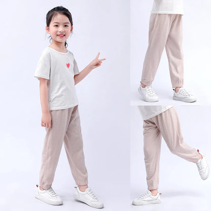 Summer Children Pants 100% Cotton Thin Breathable Prevent Mosquito Pants Kids Solid Color Trousers Boys Girls Long Loose Bottoms