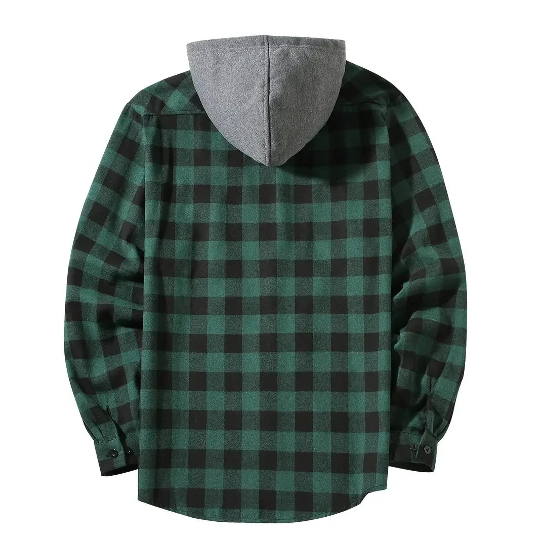 Men's Shirts Classic Plaid Casual Button Down Hooded Long Sleeved Double Pockets Shirt Hoodie Flannel Jacket Spring Autumn Tops