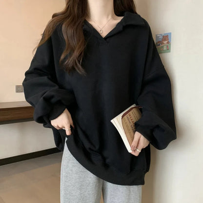 New Polo Neck Loose Street Casual Hoodies Sweatshirts Spring Autumn Solid Lazy Style Pullovers Top Fashion Korean Women Clothing