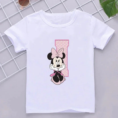 Minnie Children Cotton T-Shirts Letter A-Z Name Combination Disney Kawaii Cartoons Clothes Kids Little Boy Girl Tee Casual Tops