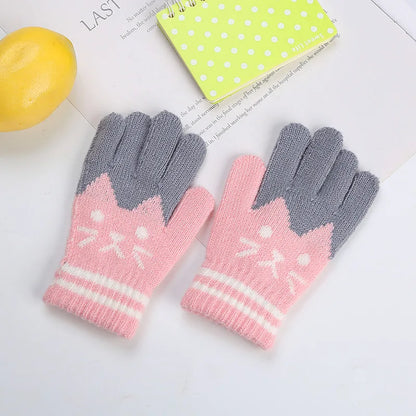 Winter Knitted Children's Gloves 4-10 Years Warm Soft Wool Cartoon Cat Kids Gloves Unisex Boys Girls Full Finger Mittens