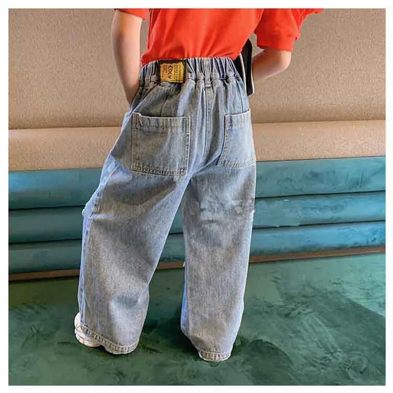 MILANCEL New Autumn Kids Jeans Girls High Waisted Wide Leg Pants Children Ripped Trousers