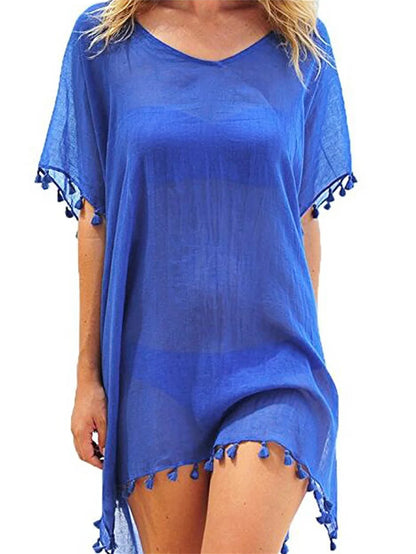 Women Chiffon Beachwear Tassel Bikini Cover Up Short Beach Dress Solid See-Through Swimsuit Summer Casual Swimwear