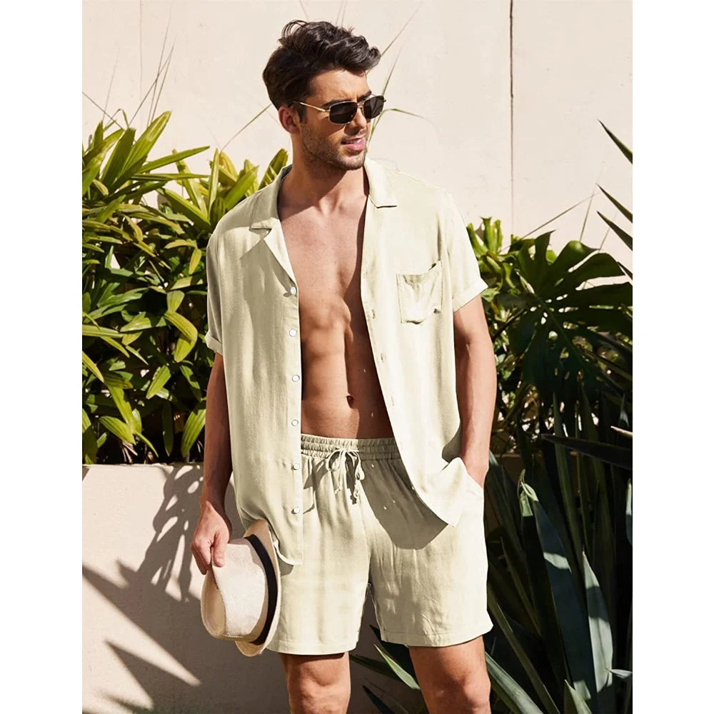 2023 Summer Casual Short-sleeved Linen Shirts Mens Shorts Loose Sweatpants Men Clothes Sweatshirts 2 Pieces Suits Tracksuit 3XL