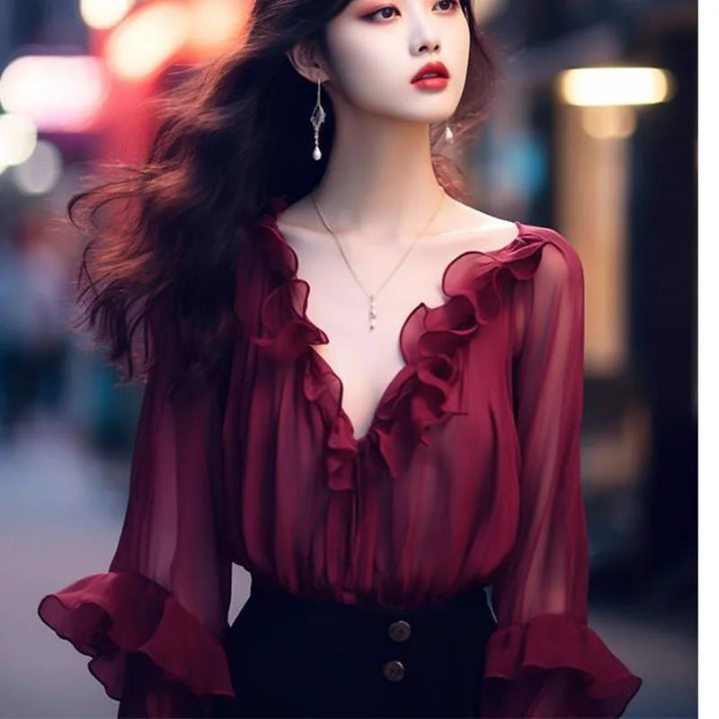 Wine Red Chiffon Long Sleeved Sunscreen 2024 Women Spring French Exposed Clavicle V-neck Ruffles Solid Color Comfortable Shirt