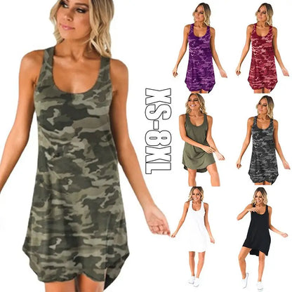 Plus Size S-8XL Women Camouflage Nightdress Fashion Women Casual U-neck Sleeveless Nightgowns A-line Skirt Loose Sleepshirts