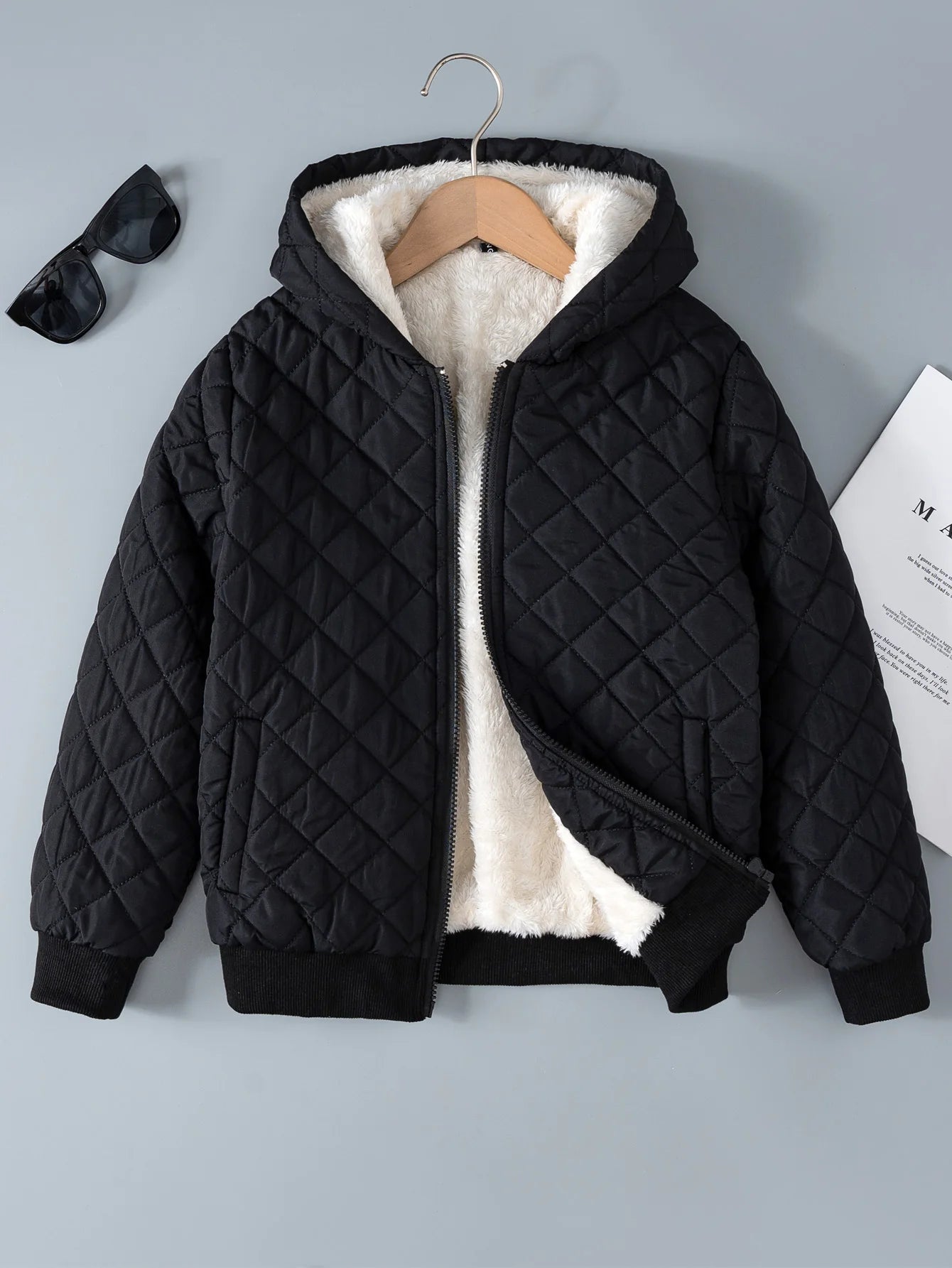 Kids Boys Teddy Lined Hooded Argyle Quilted Coat  Fleece Zipper Artificial Jacket